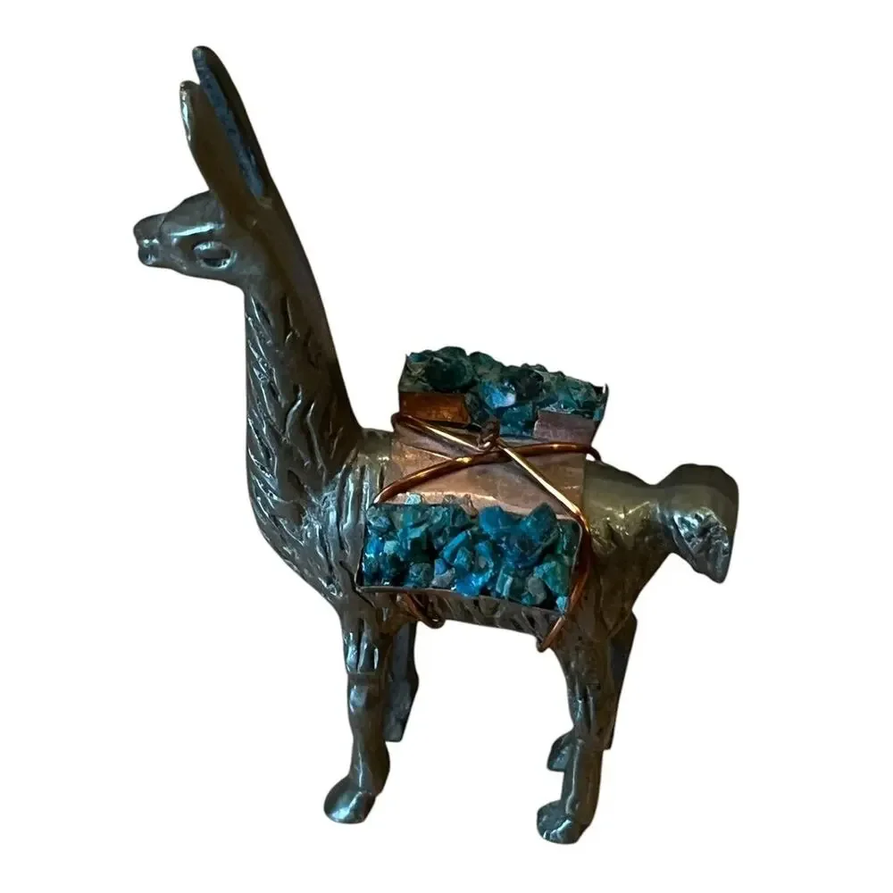 1970's VTG BRASS Llama Alpaca Figurine with Turquoise Cargo Packs COPPER Saddle